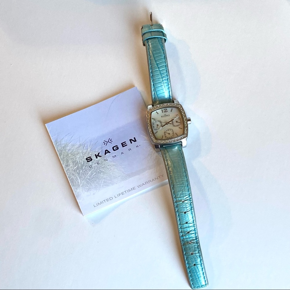 Skagen Mother of Pearl & Crystal Watch with Turquoise Crocodile Band - Picture 4 of 11